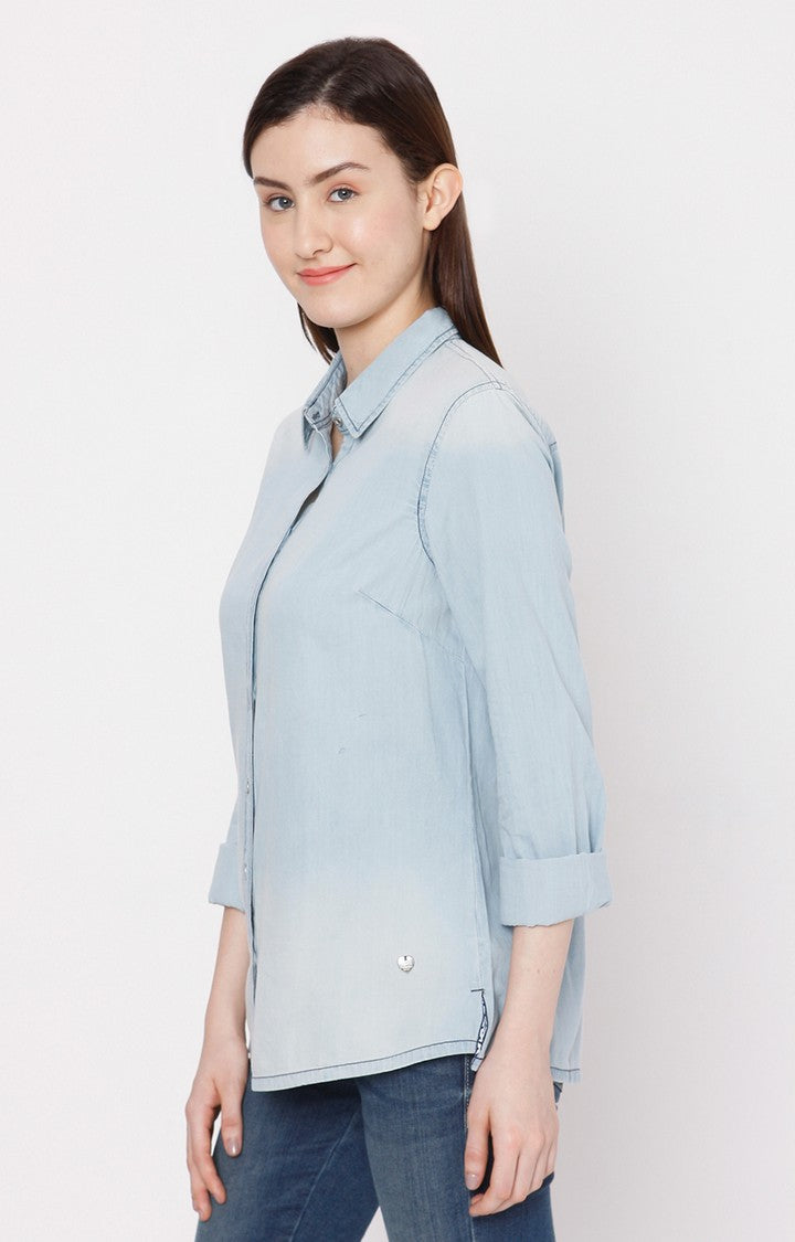 Spykar Women Light Blue Cotton Regular Fit Denim Shirt