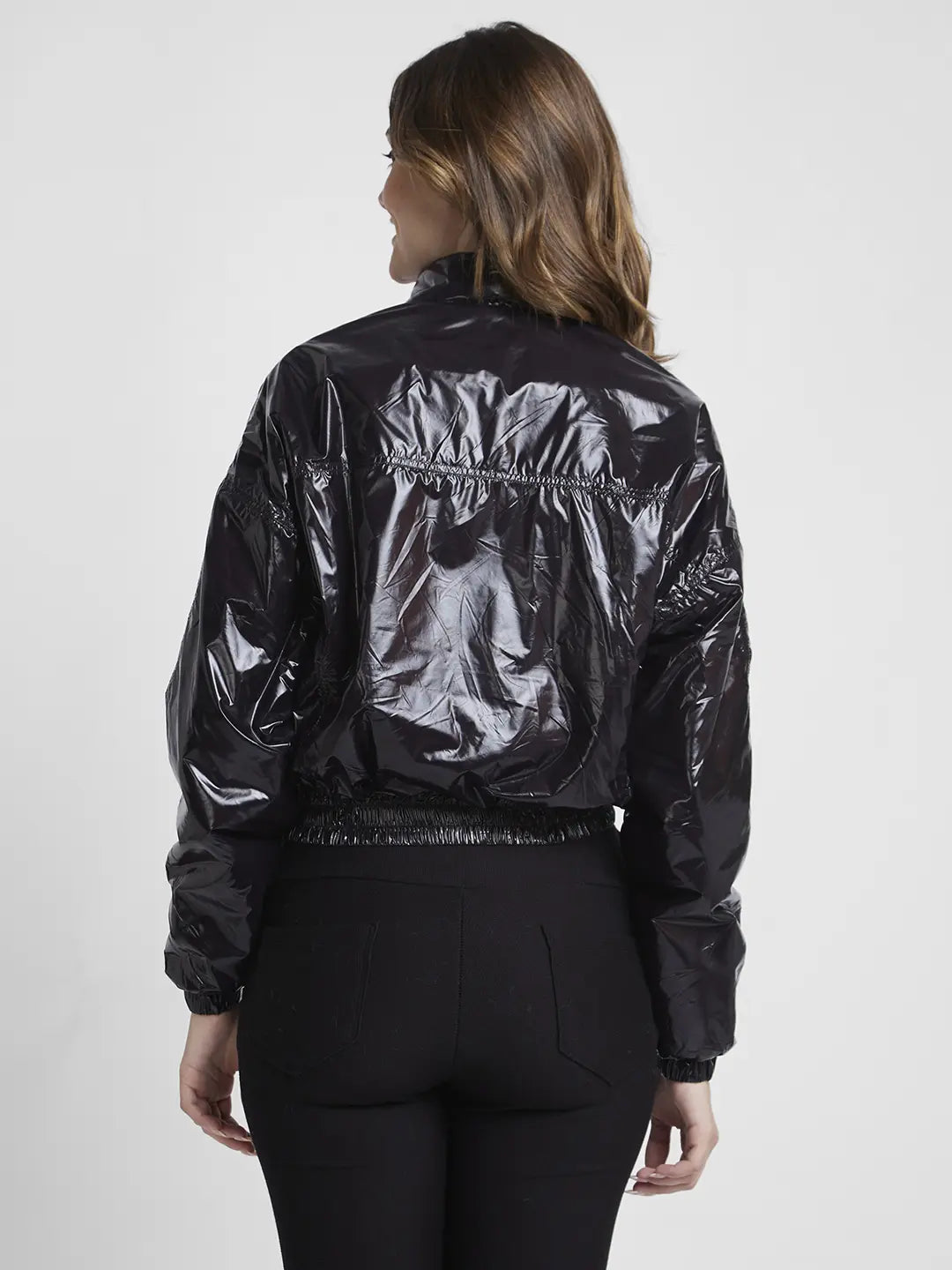 Spykar Women Black Slim Fit High Neck Plain Crop Jacket
