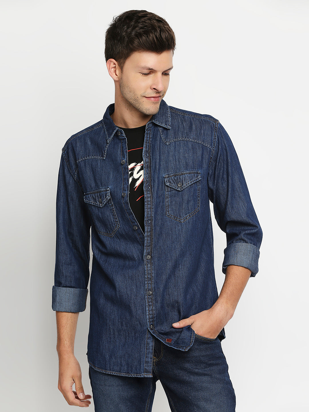 Spykar Men Navy Slim Fit Full Sleeve Denim Shirt