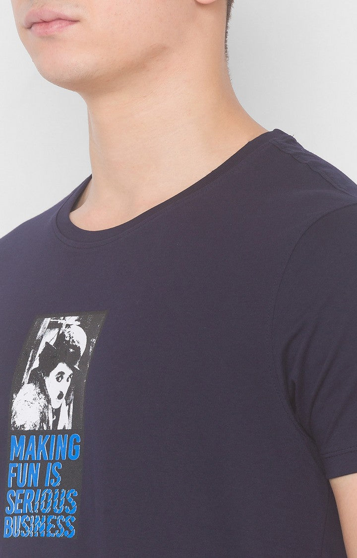 Charlie Chaplin Spykar Men Navy Blue Cotton Slim Fit Round Neck Printed T-Shirt