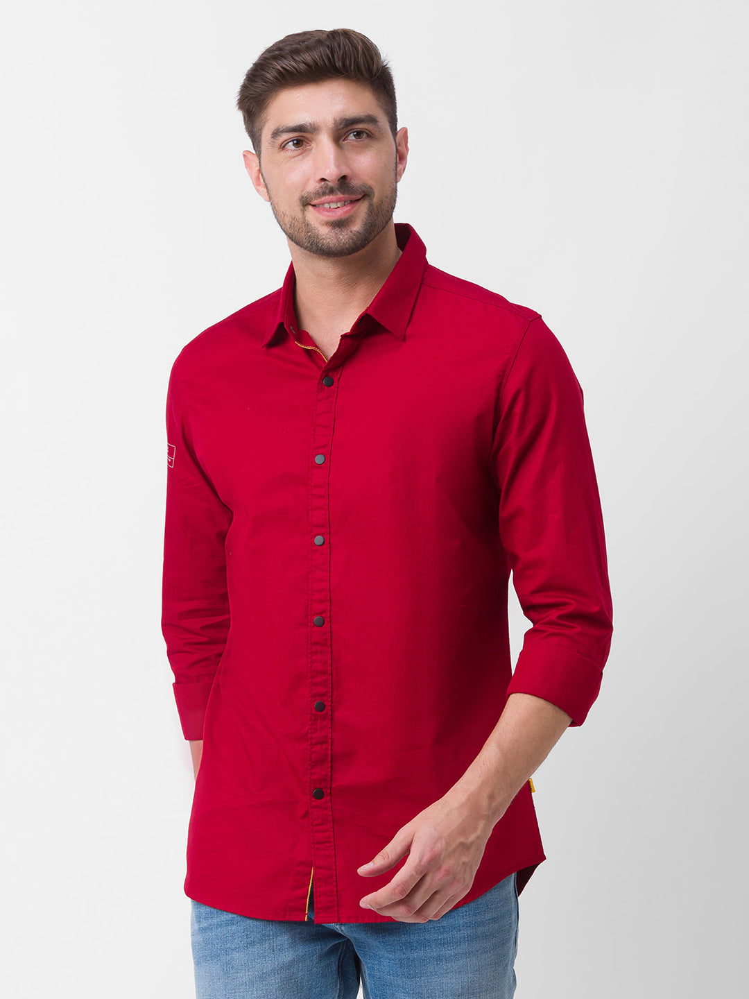 Spykar Deep Red Cotton Full Sleeve Plain Shirt For Men