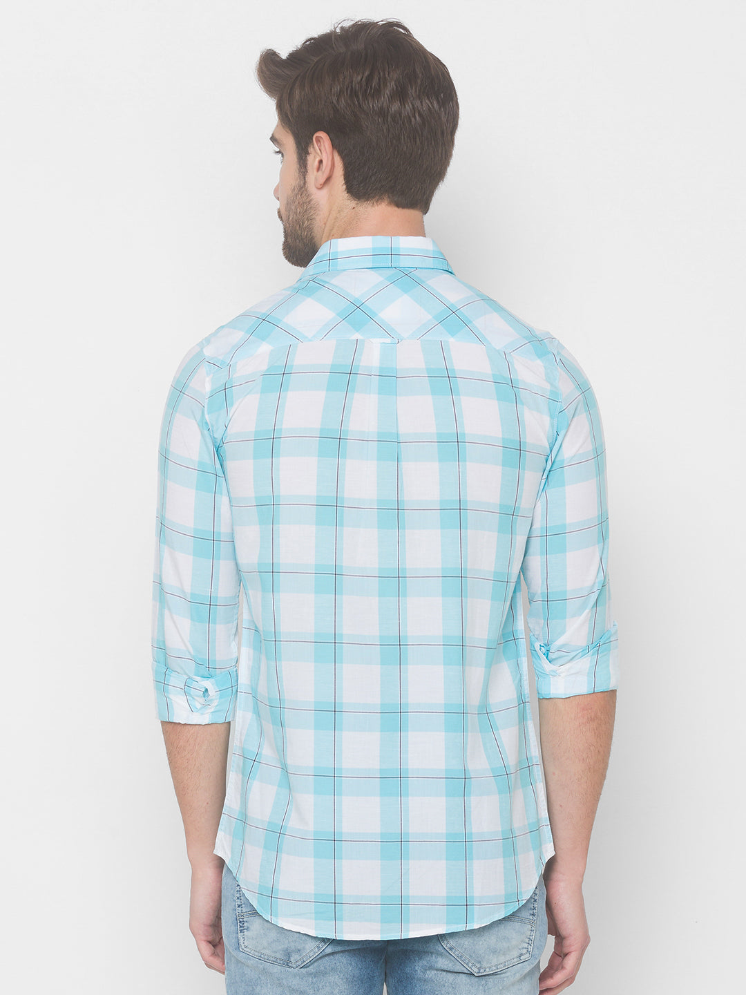 Spykar Men Aqua Blue Cotton Shirts (Slim)