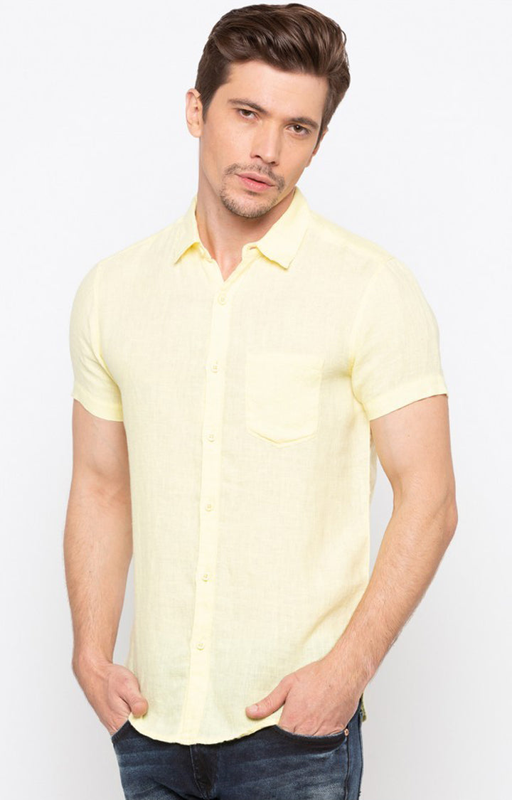 Spykar Men Yellow Cotton Slim Fit Casual Shirts