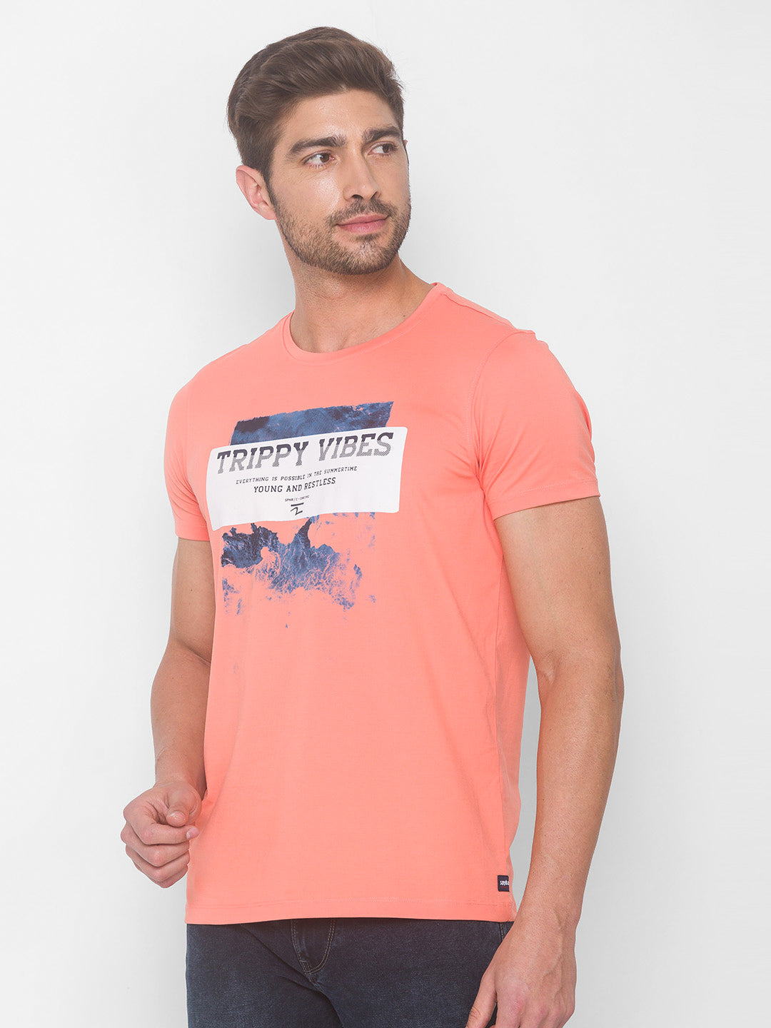 Spykar Men Pink Cotton Slim Fit Round Neck T-Shirt