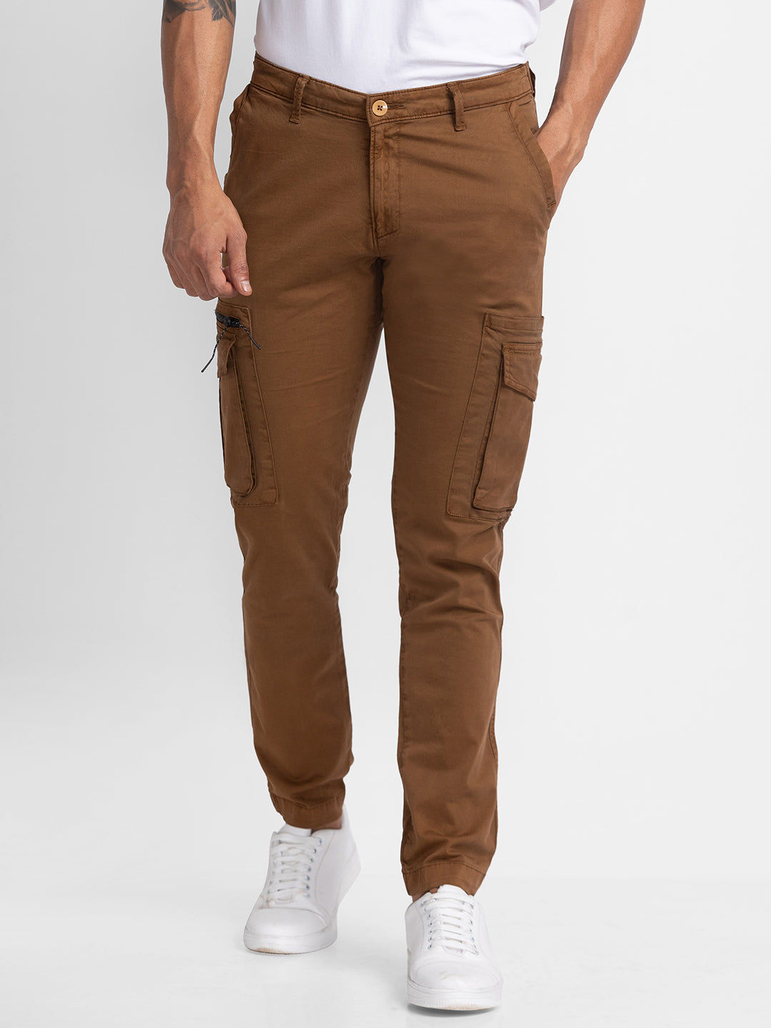 Spykar Mud Brown Cotton Slim Fit Regular Length Trousers For Men