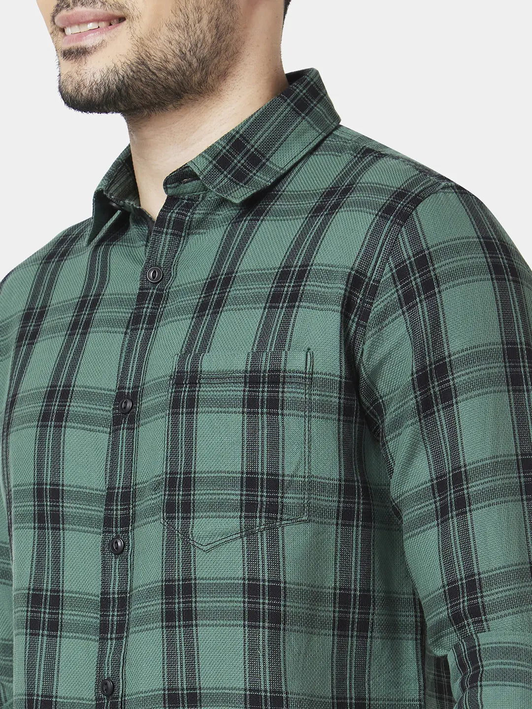 Spykar Men Sage Green Cotton Regular Slim Fit Full Sleeve Checkered Shirt