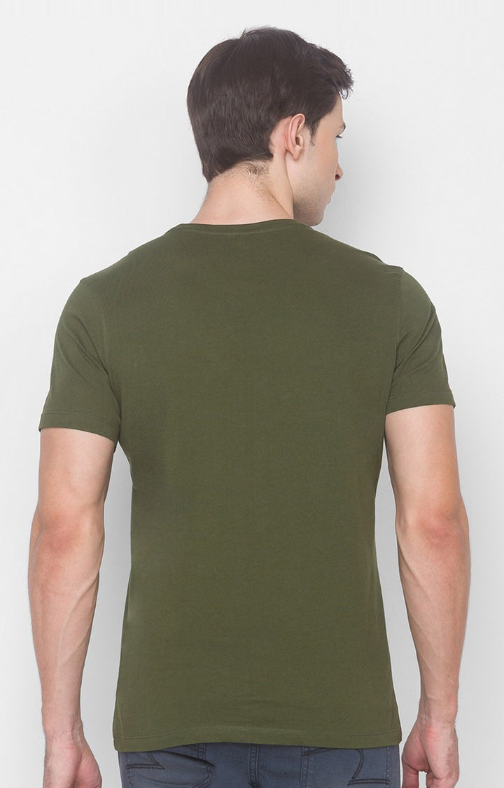 Charlie Chaplin Spykar Men Olive Green Cotton Slim Fit Round Neck Printed T-Shirt