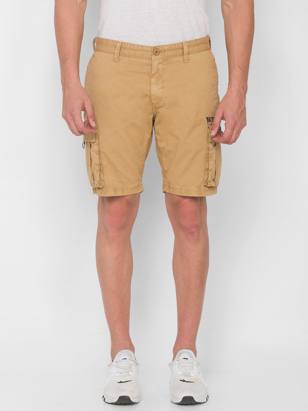 Spykar Men Camel Khaki Solid Relaxed Mid-Rise Shorts (Relaxed)