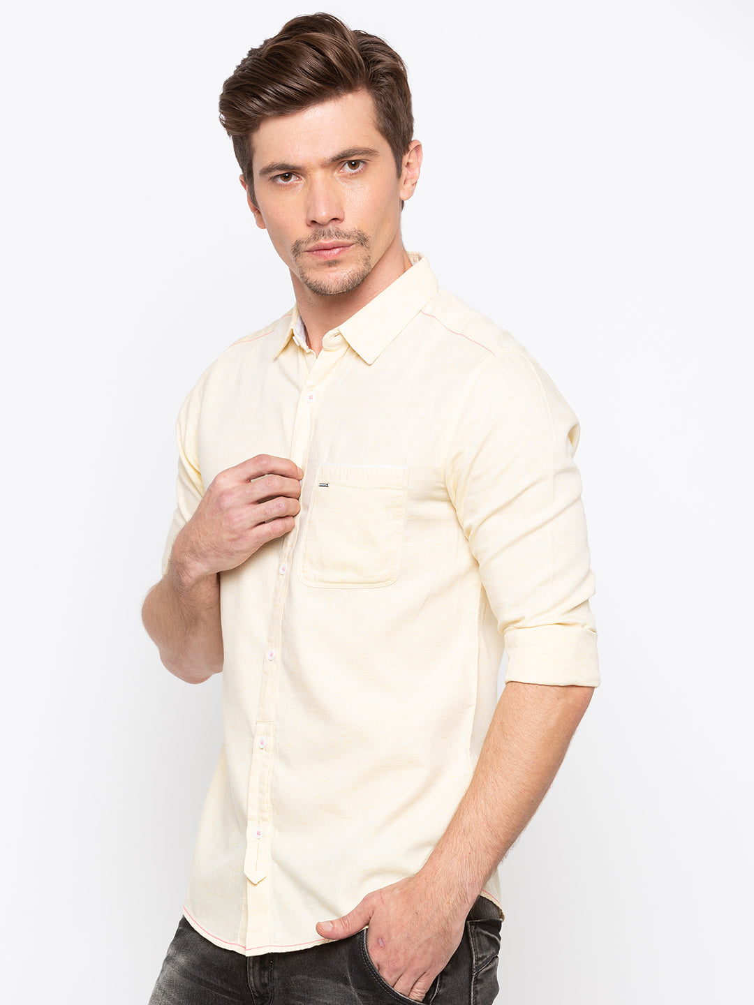 Spykar Men Yellow Cotton Slim Fit Casual Shirts