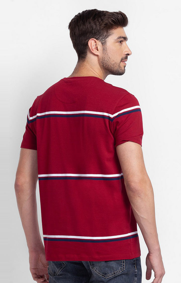 Spykar Deep Red Cotton Half Sleeve Stripes Casual T-Shirt For Men