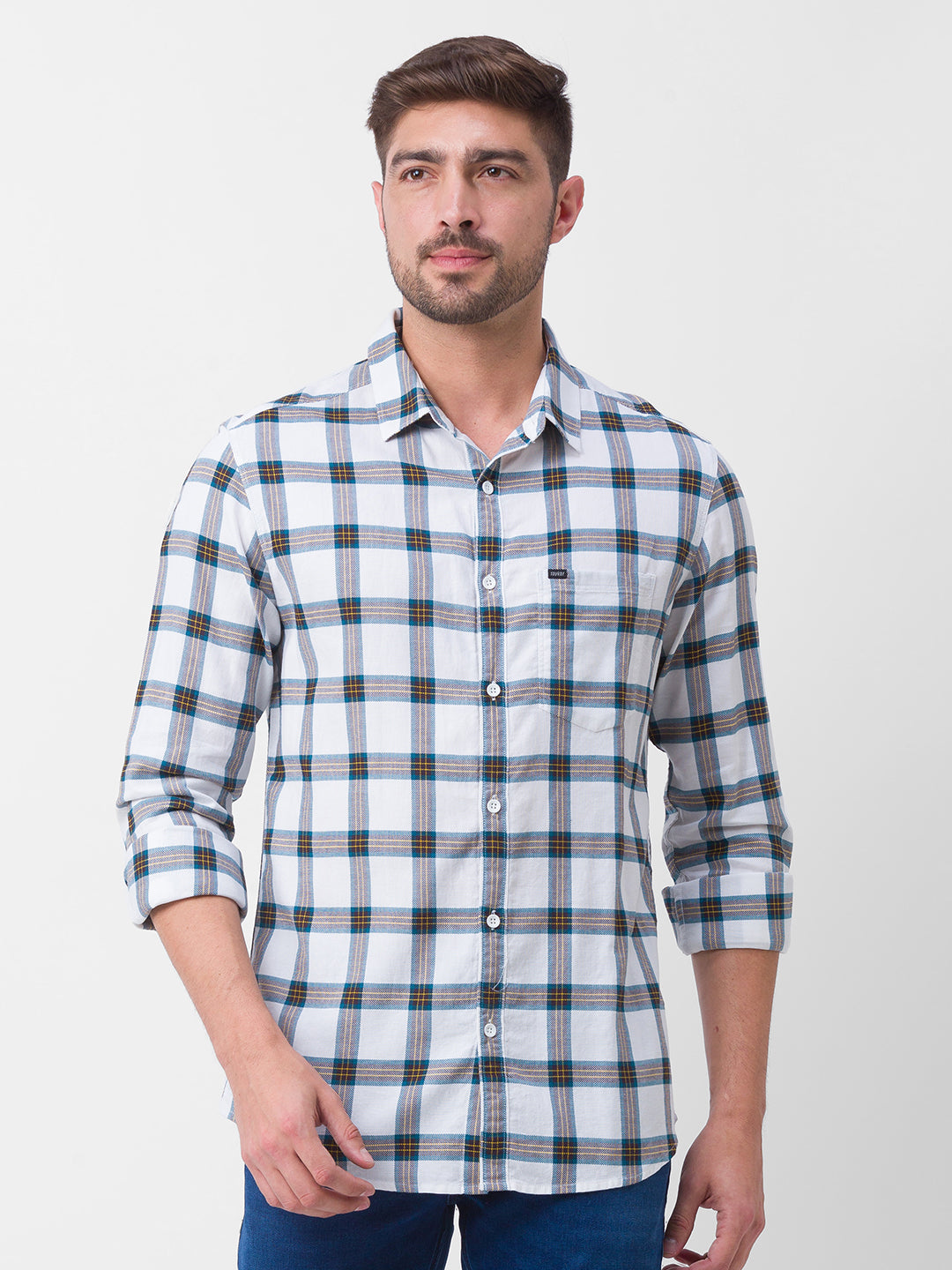 Spykar Teal Blue Cotton Full Sleeve Checks Shirt For Men