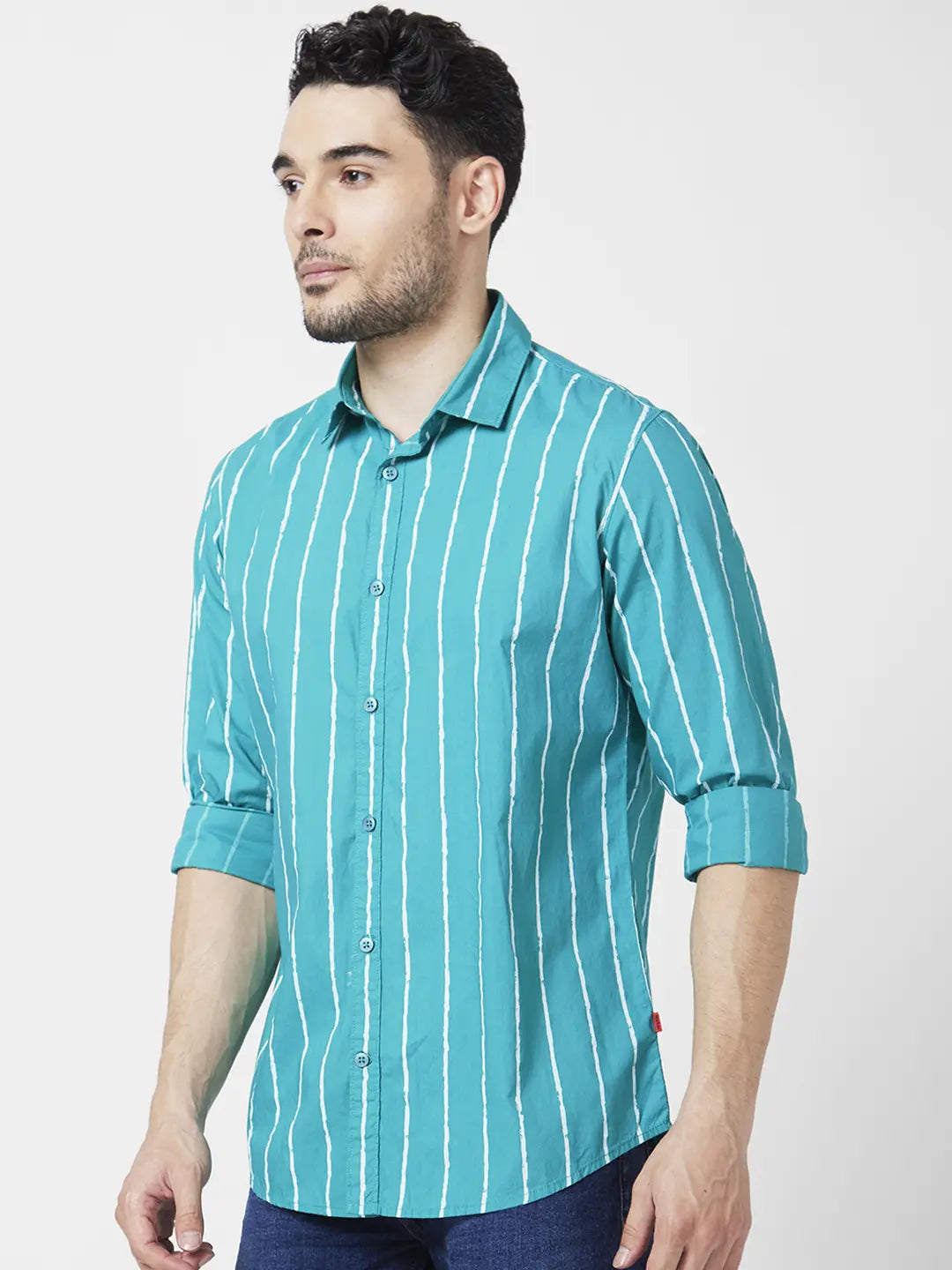 Spykar Men Teal Green Poplin Regular Slim Fit Full Sleeve Striped Shirt