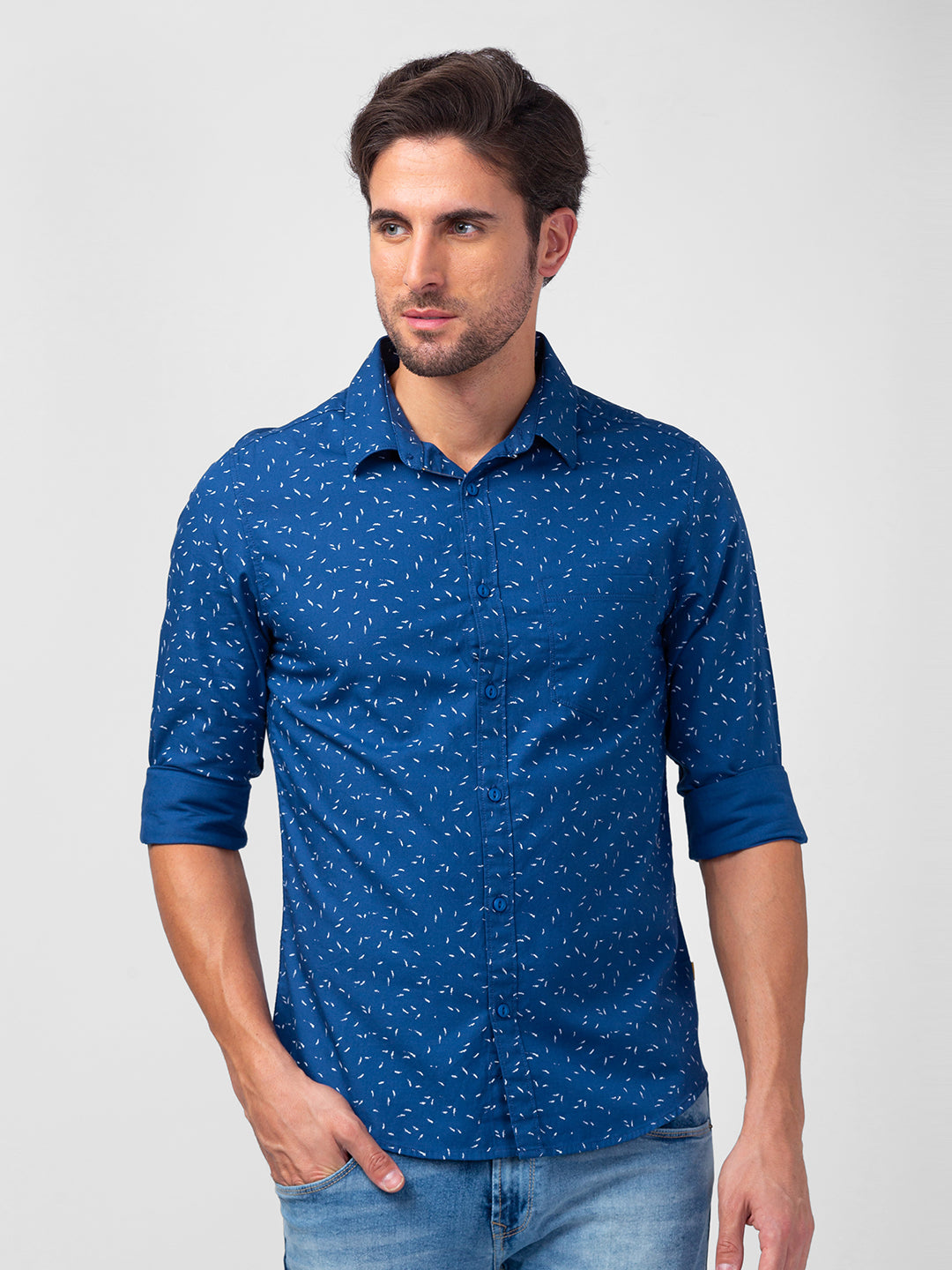 Spykar Men Cobalt Blue Cotton Slim Fit Printed Shirt