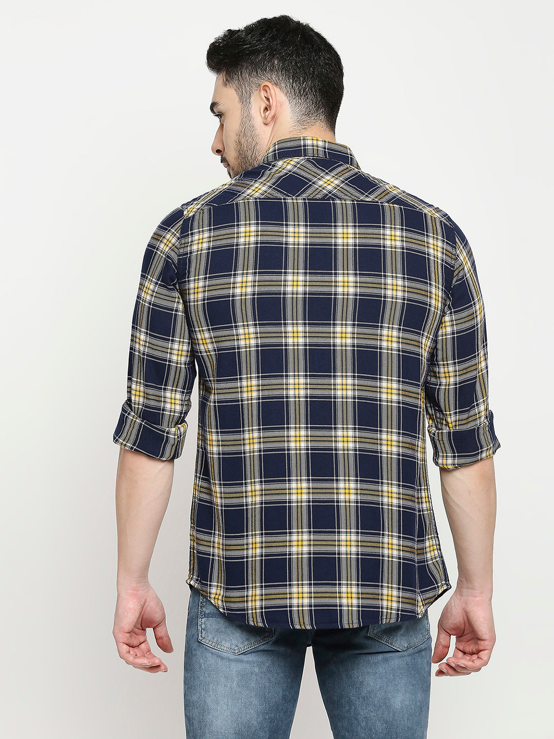 Spykar Navy Yellow Cotton Full Sleeve Checkered Shirt For Men