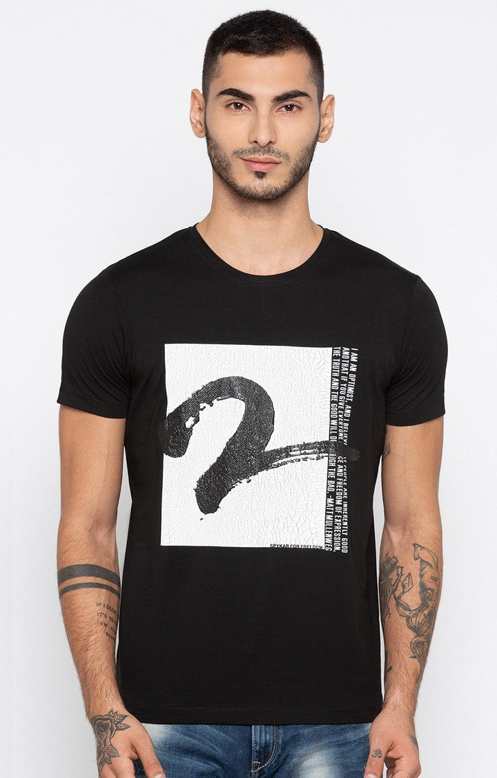 Spykar Black Printed Slim Fit Men T-Shirts