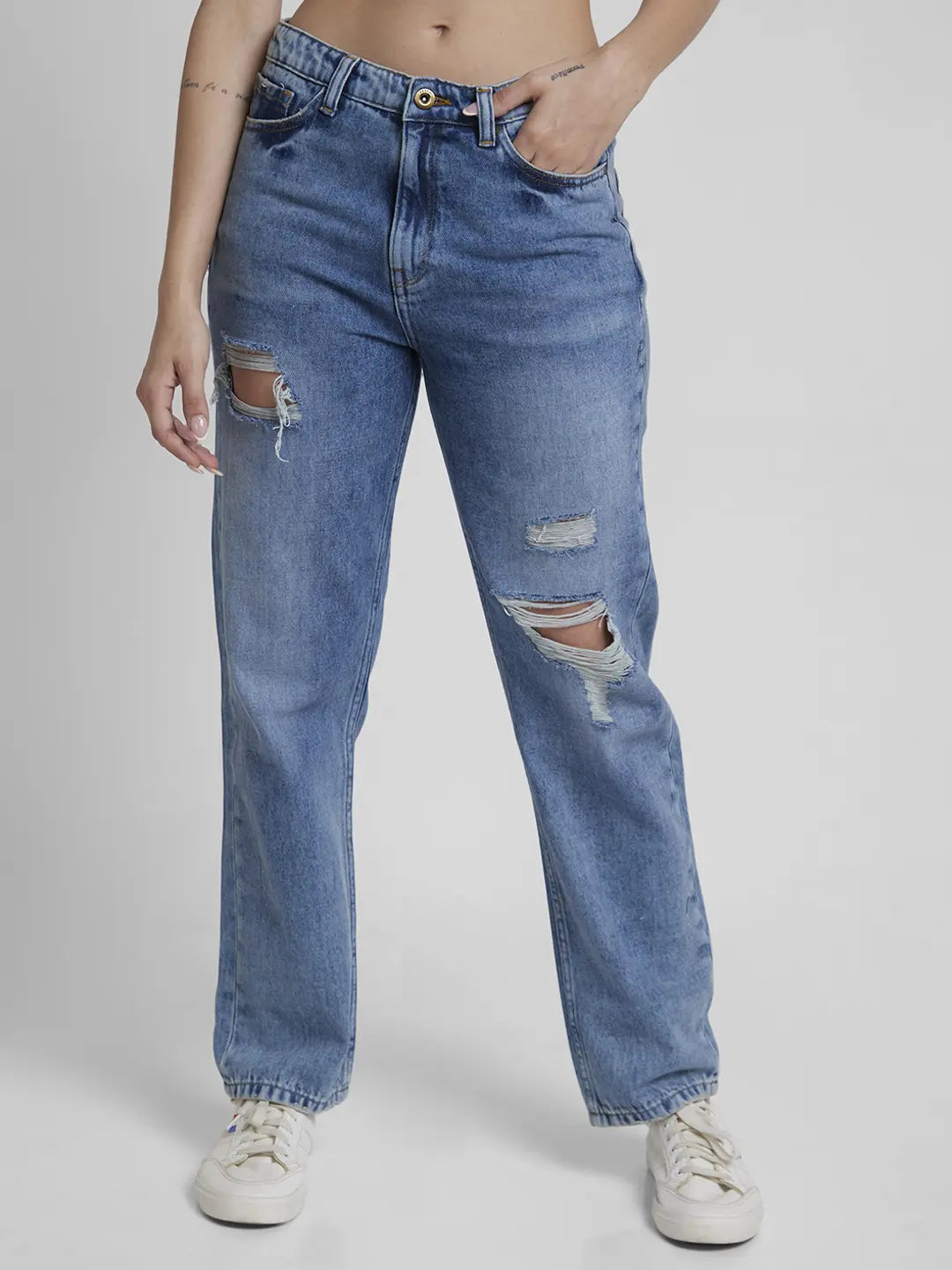 Spykar Women Light Blue Cotton Straight Fit Regular Length Low Distressed Jeans -(Bella)