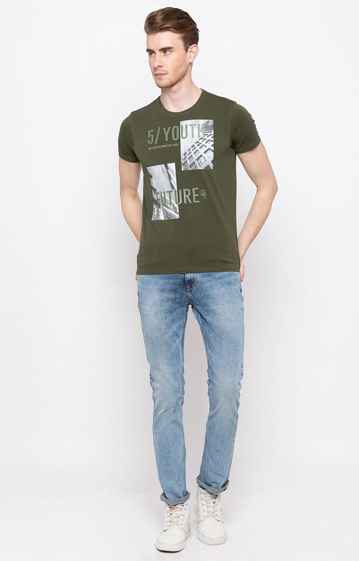 Spykar Olive Printed Slim Fit Men T-Shirts