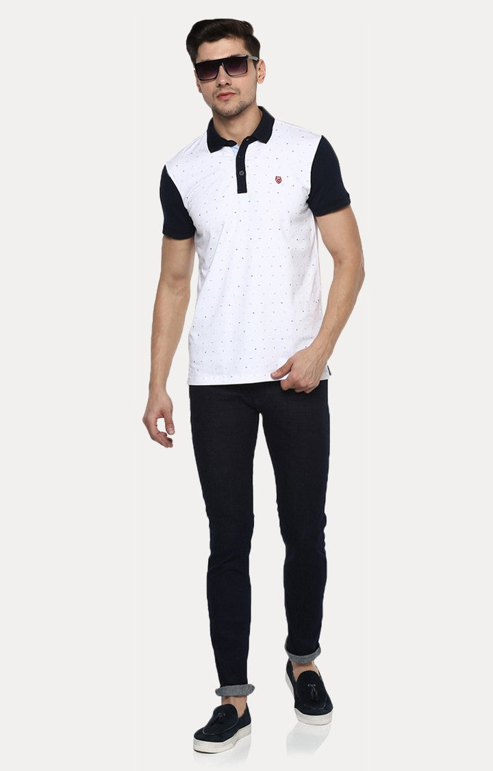 Spykar White Printed Slim Fit Polo T-Shirt