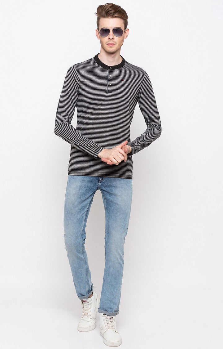 Spykar Men Grey Cotton Slim Fit Full Sleeve Striped T-Shirt