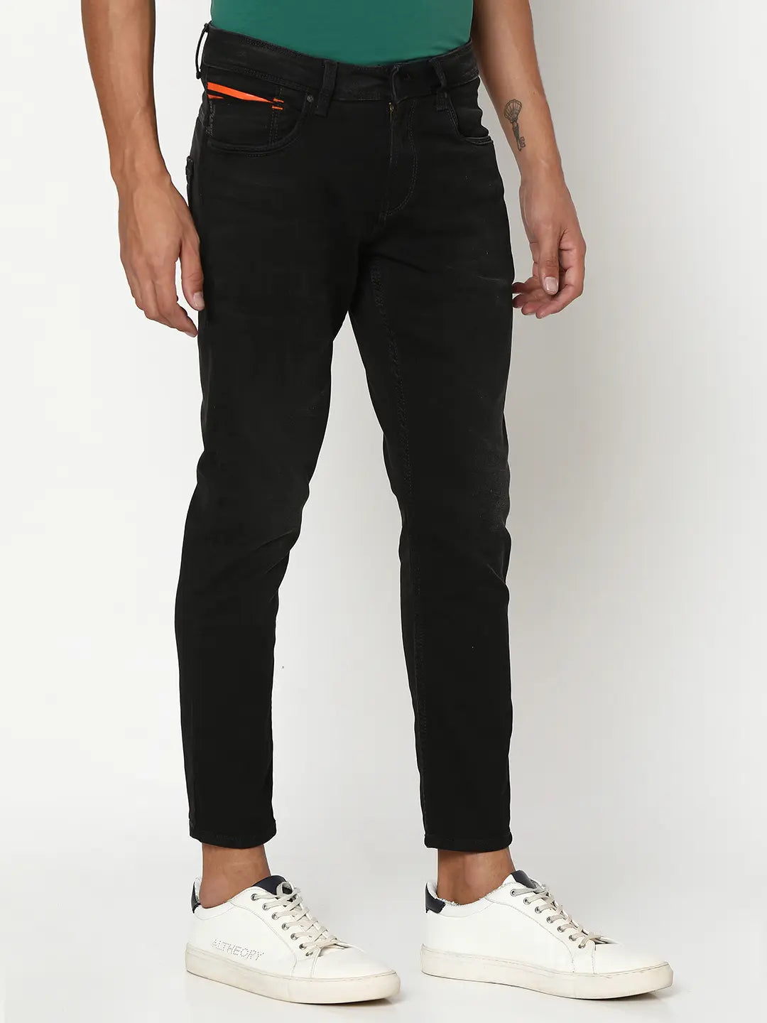 Spykar Men Black Cotton Slim Fit Tapered Length Clean Look Mid Rise Stretchable Jeans (Kano)