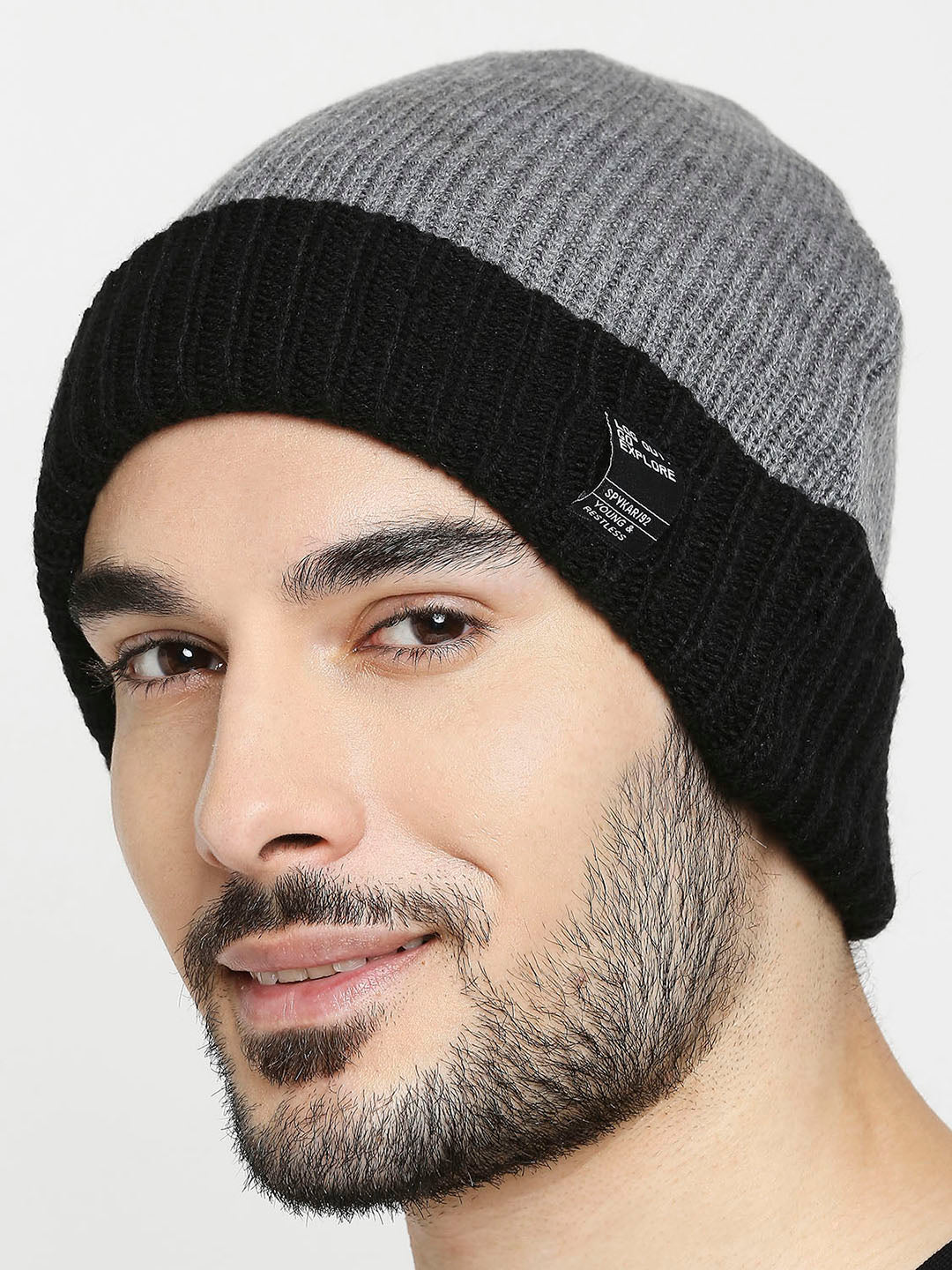 Spykar Grey & Black Cotton Beanie Cap