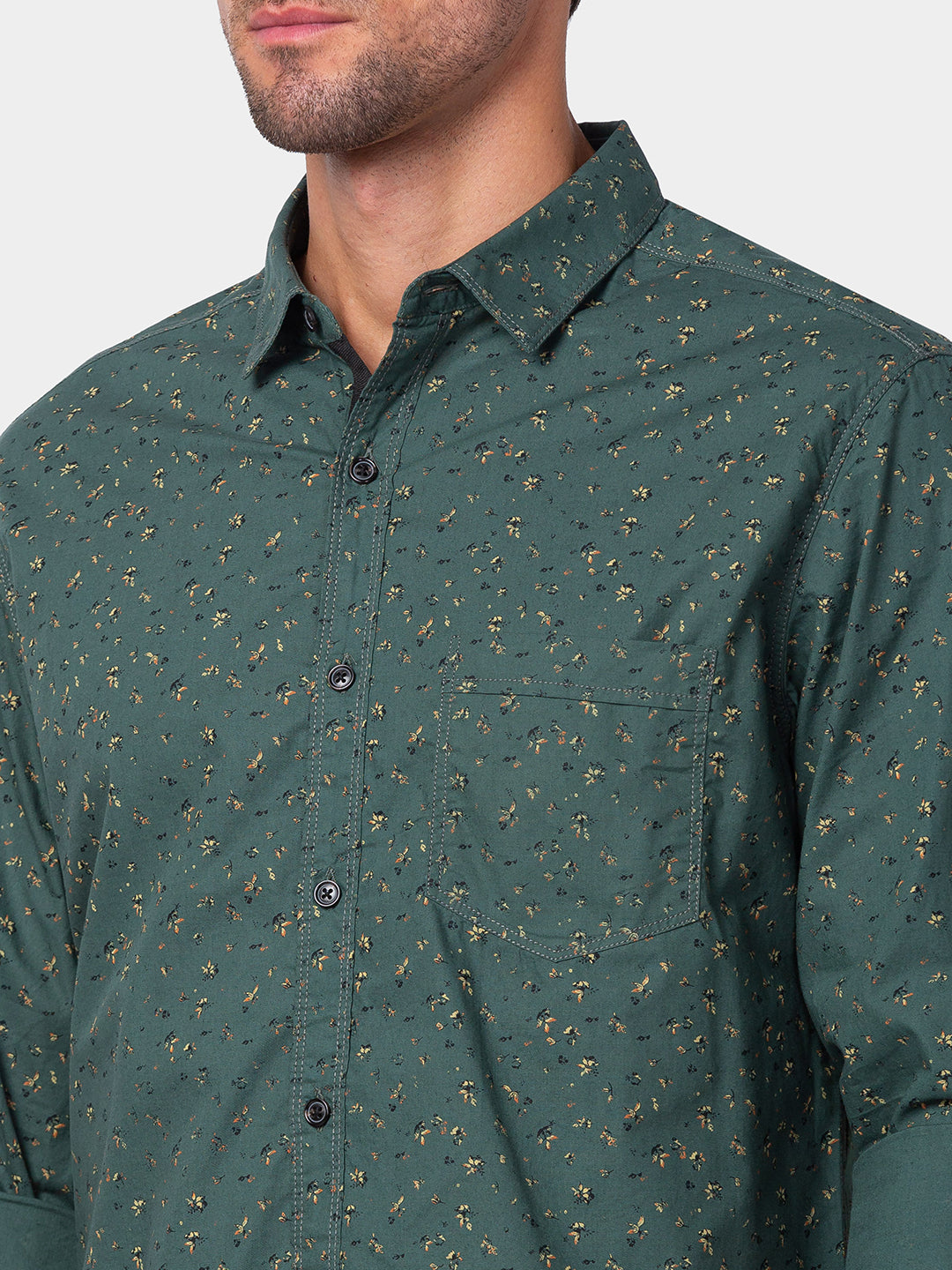 Spykar Men Sage Green Cotton Slim Fit Printed Shirt