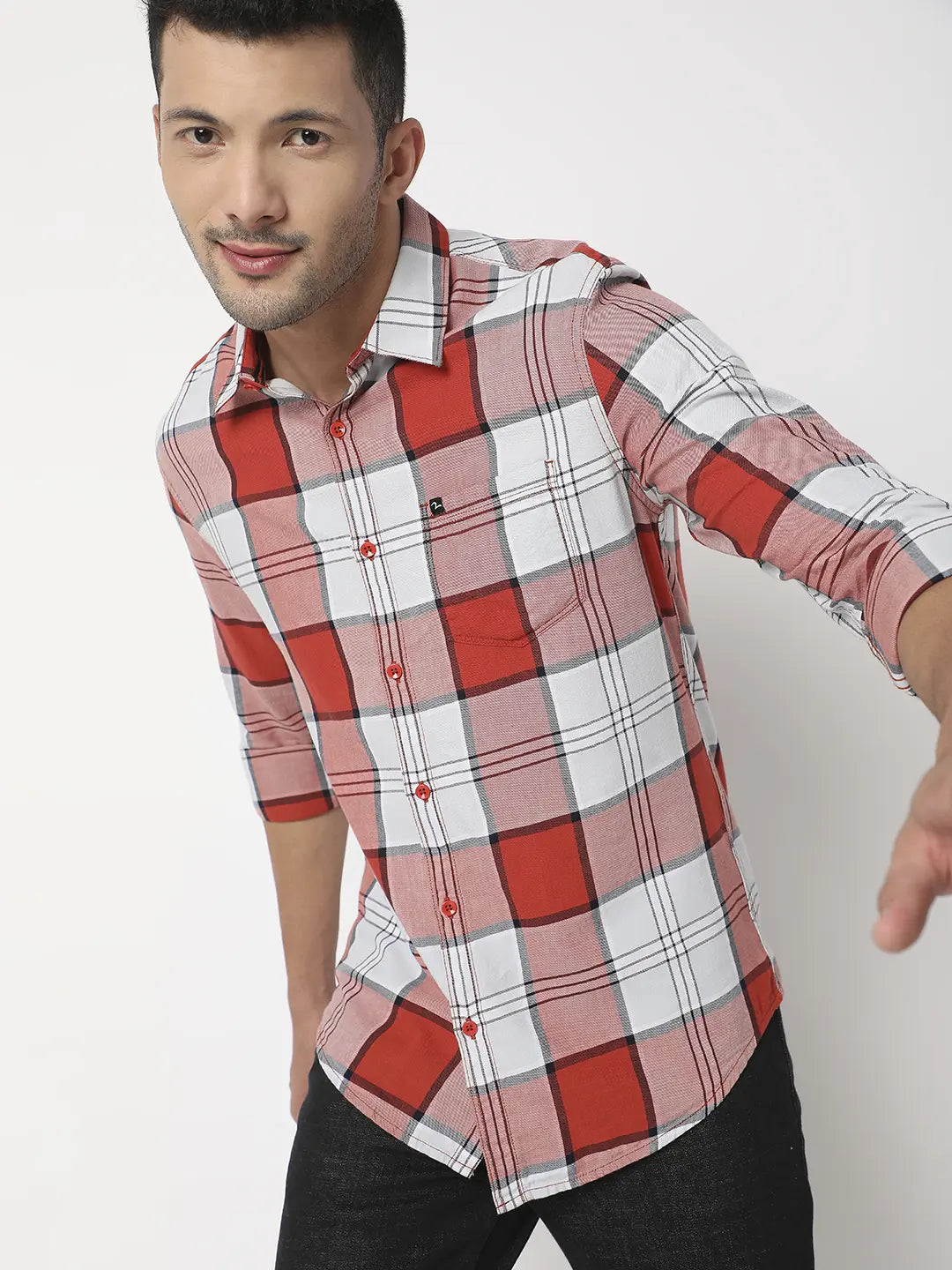 Spykar Men Brick Red Cotton Slim Fit Checkered Shirt