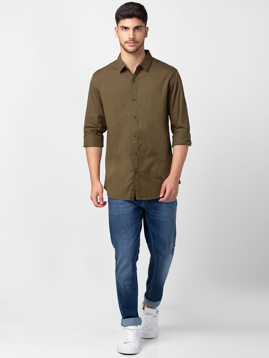 Spykar Men Military Green Cotton Slim Fit Plain Shirt