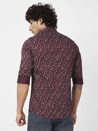 Spykar Men Deep Wine Red Satin Slim Fit Full Sleeve Causal Printed Shirt