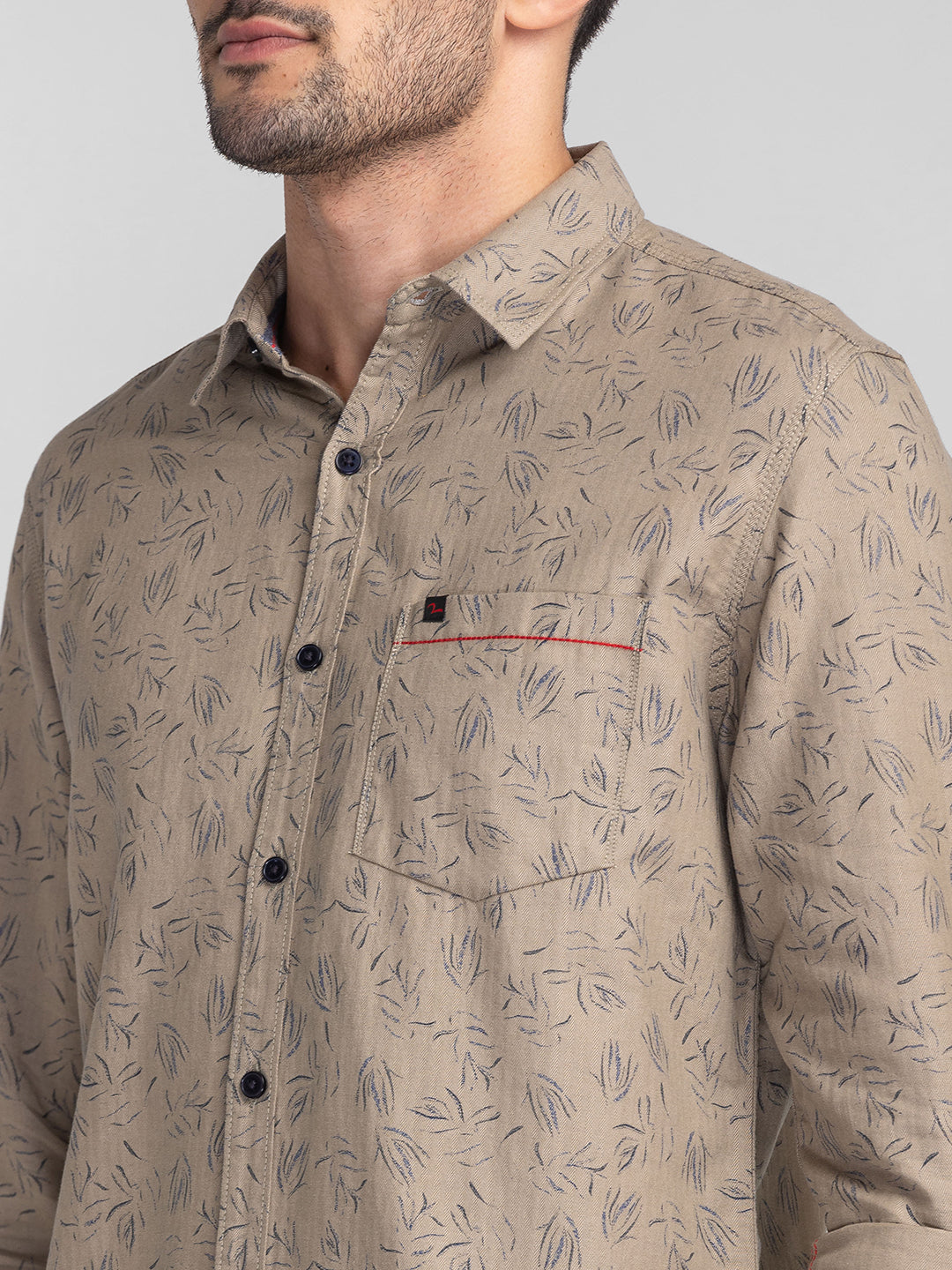 Spykar Men Beige Cotton Slim Fit Printed Shirts