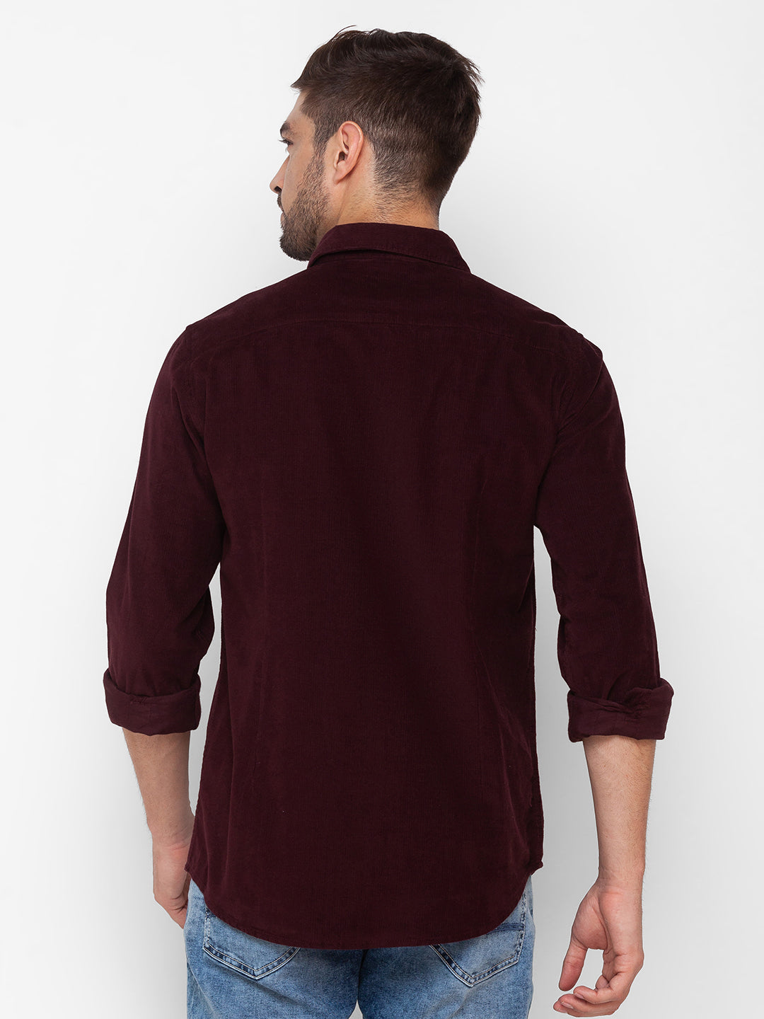 Spykar Wine Red Cotton Full Sleeve Plain Shirt For Men