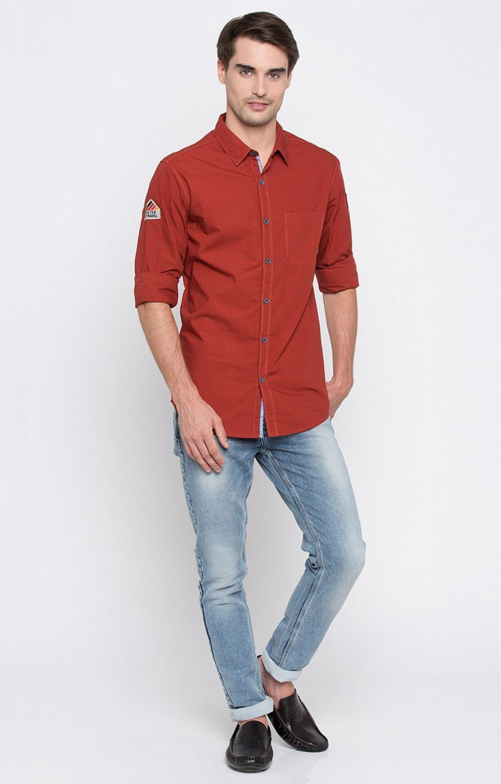 Spykar Men'S Red Cotton Solid Casual Shirts