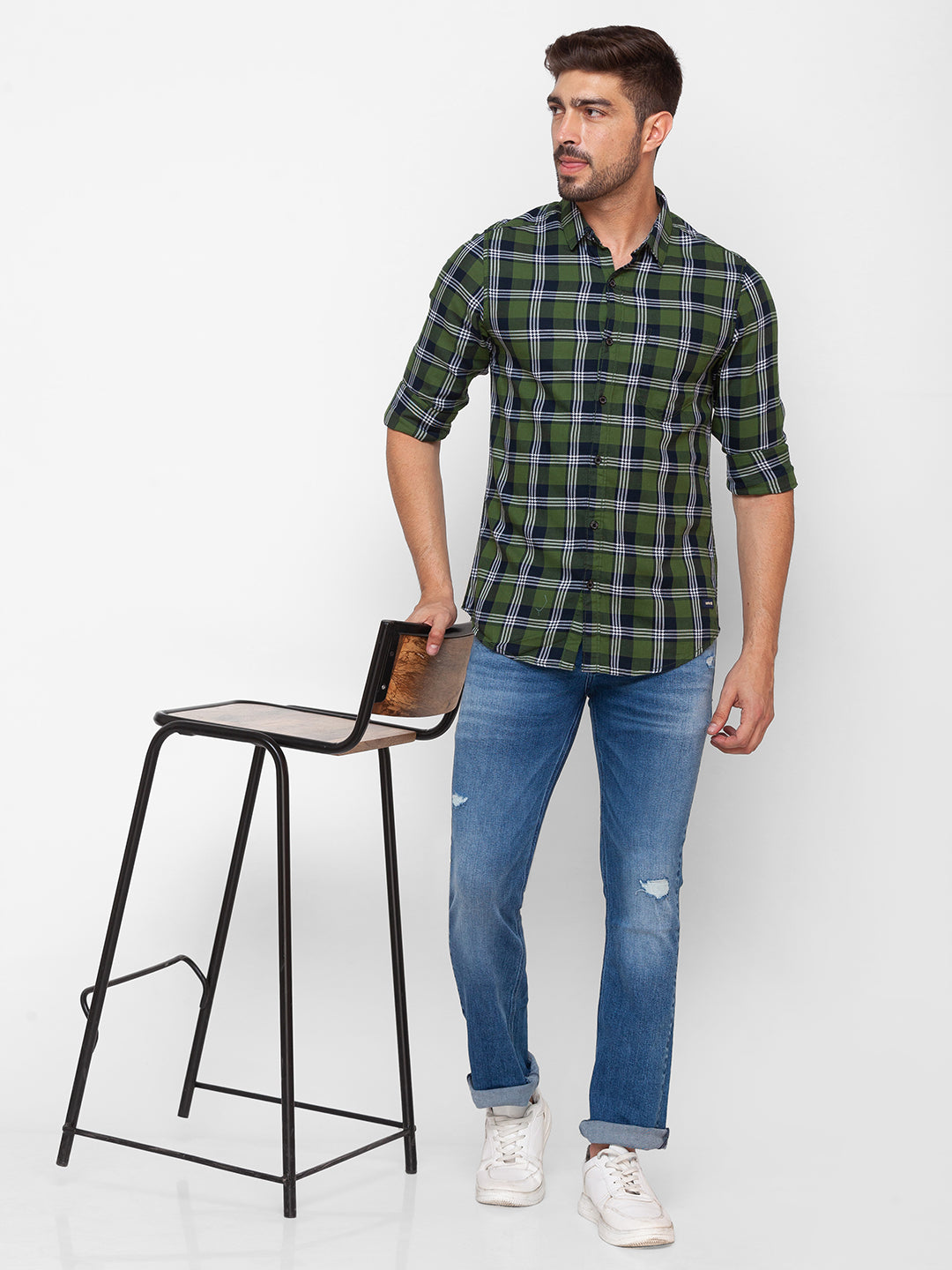 Spykar Olive Green Cotton Full Sleeve Checks Shirt For Men