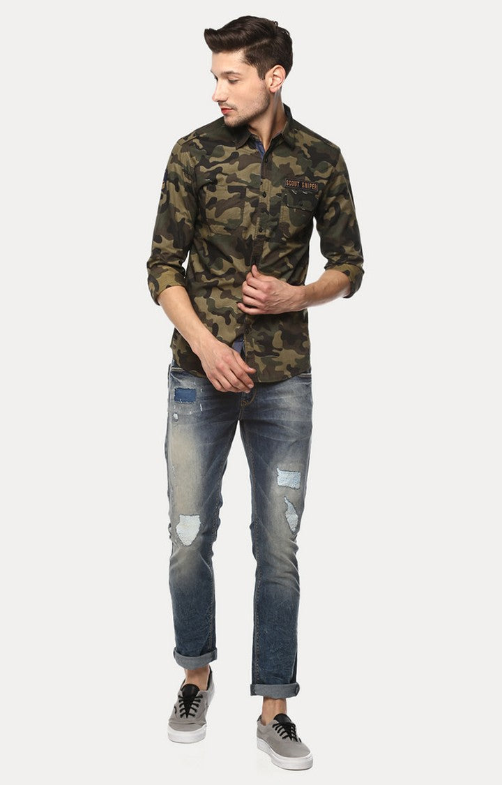 Spykar Men'S Green Cotton Camouflage Casual Shirts