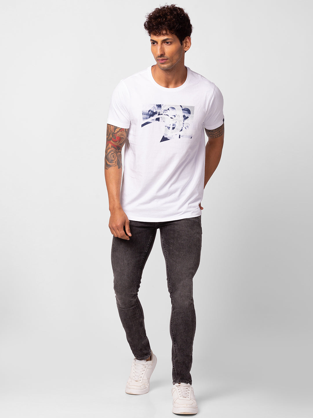 Spykar Men White Cotton Regular Fit Half Sleeve Printed T-Shirt