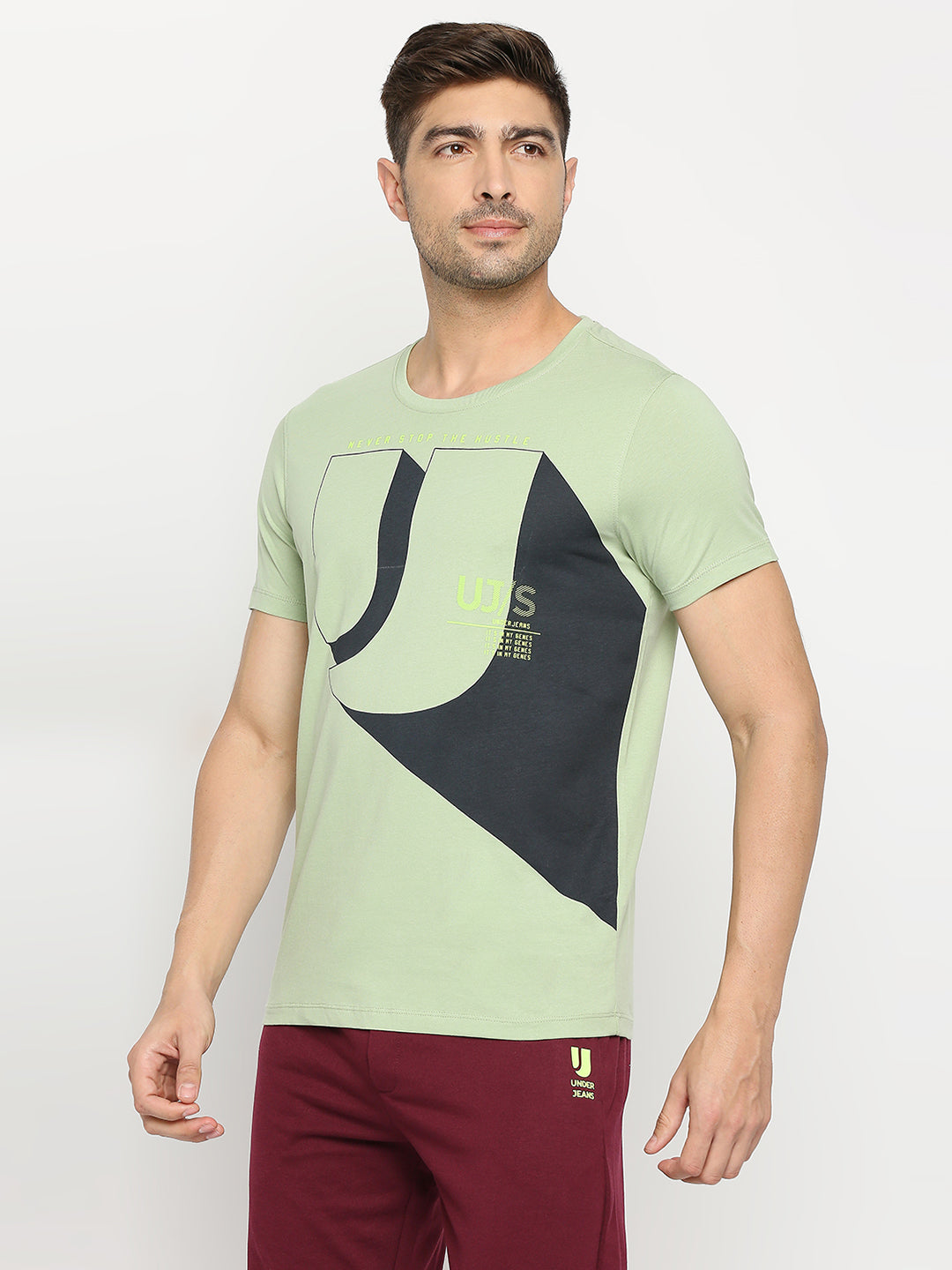 Men Premium Dusty Pista Cotton Round Neck Printed Tshirt- Underjeans By Spykar