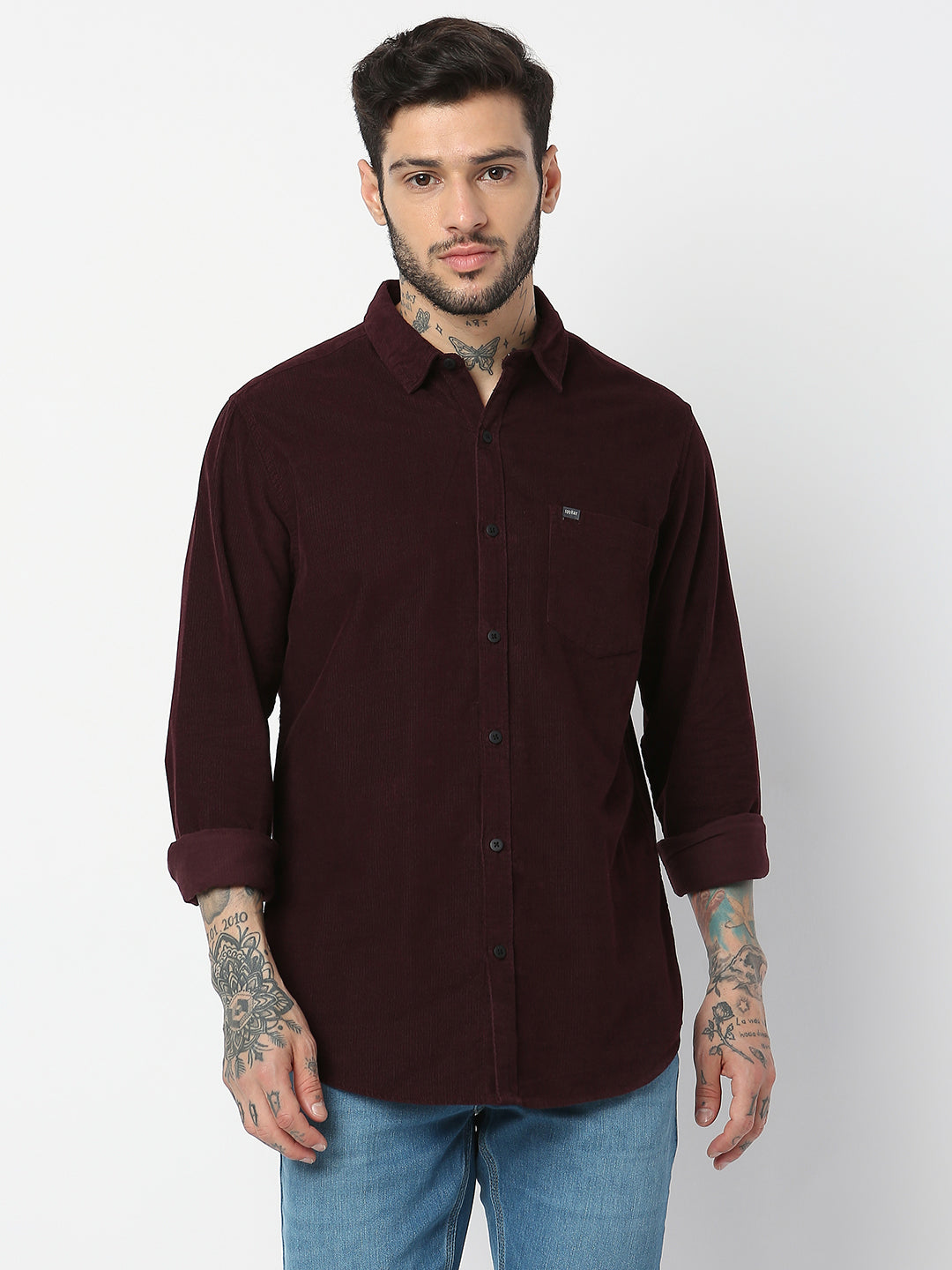 Spykar Men Wine Red Cotton Slim Fit Plain Shirts