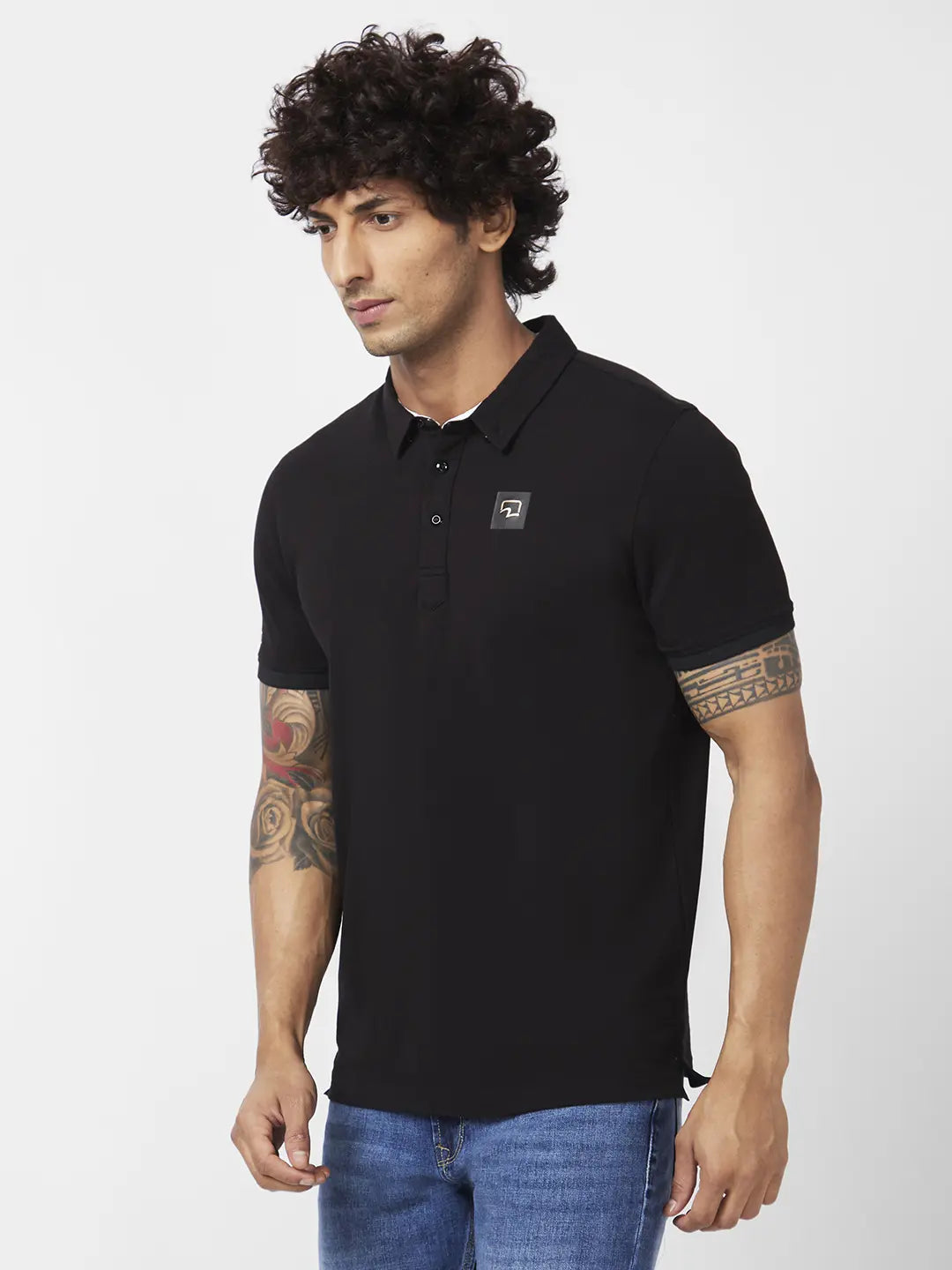 Spykar Men Black Blended Slim Fit Half Sleeve Polo Neck Plain Tshirt