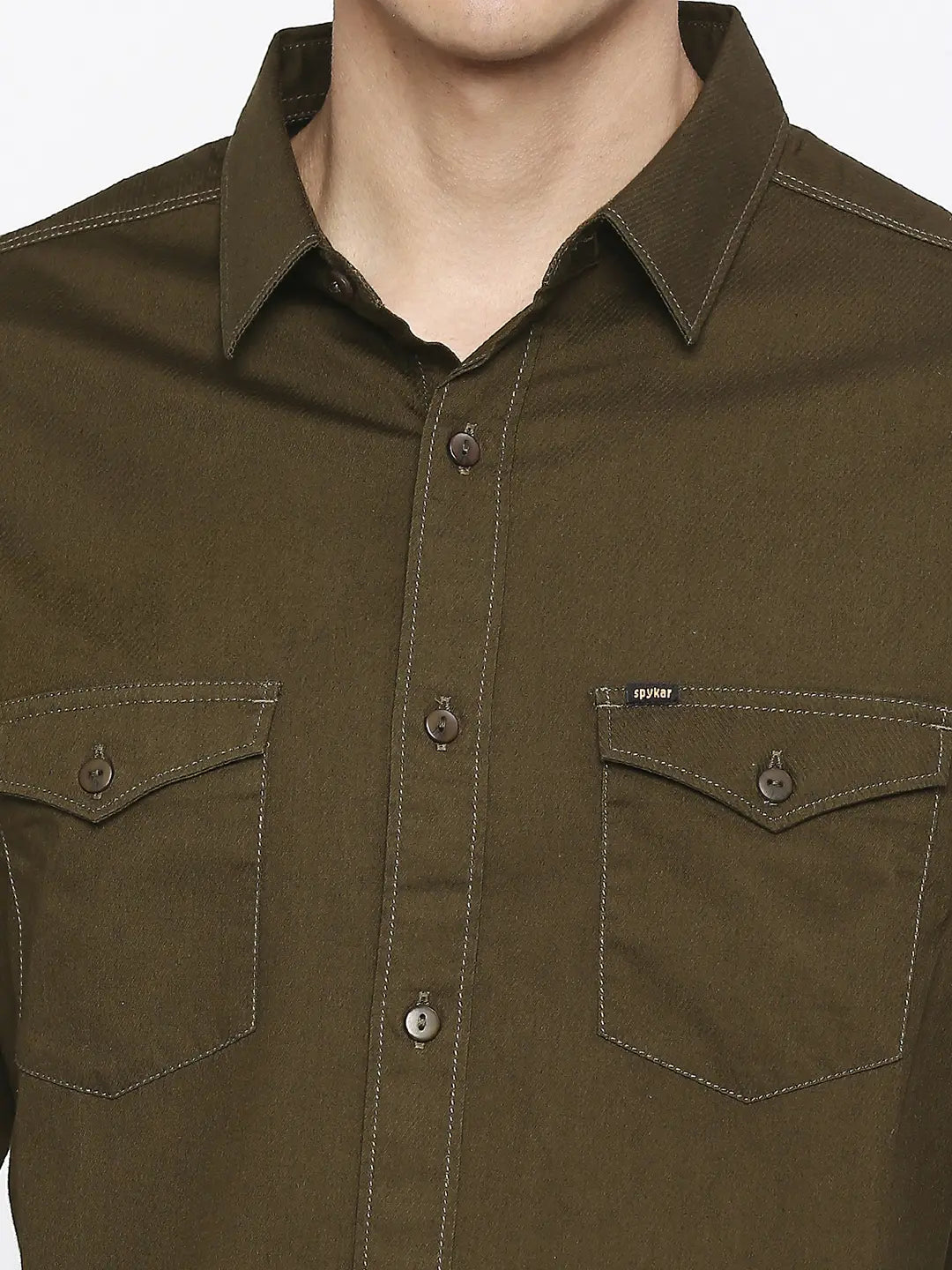 Spykar Men Military Green Cotton Slim Fit Plain Shirt