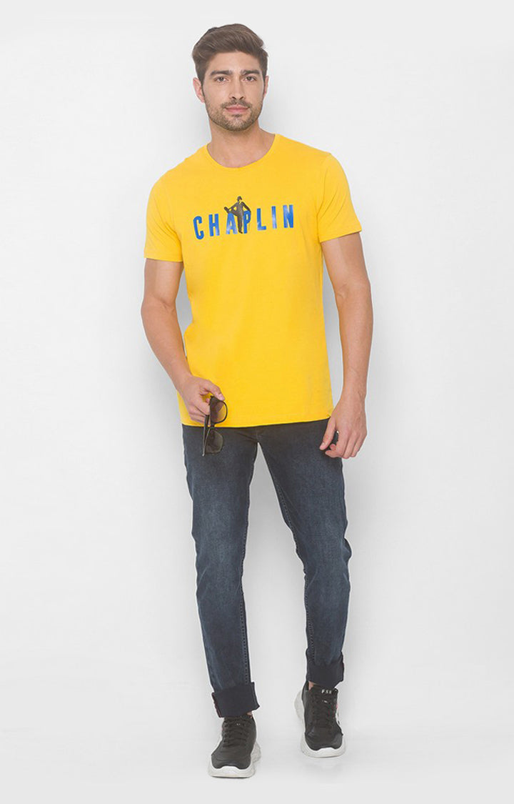 Charlie Chaplin Spykar Men Chrome Yellow Cotton Slim Fit Round Neck Printed T-Shirt