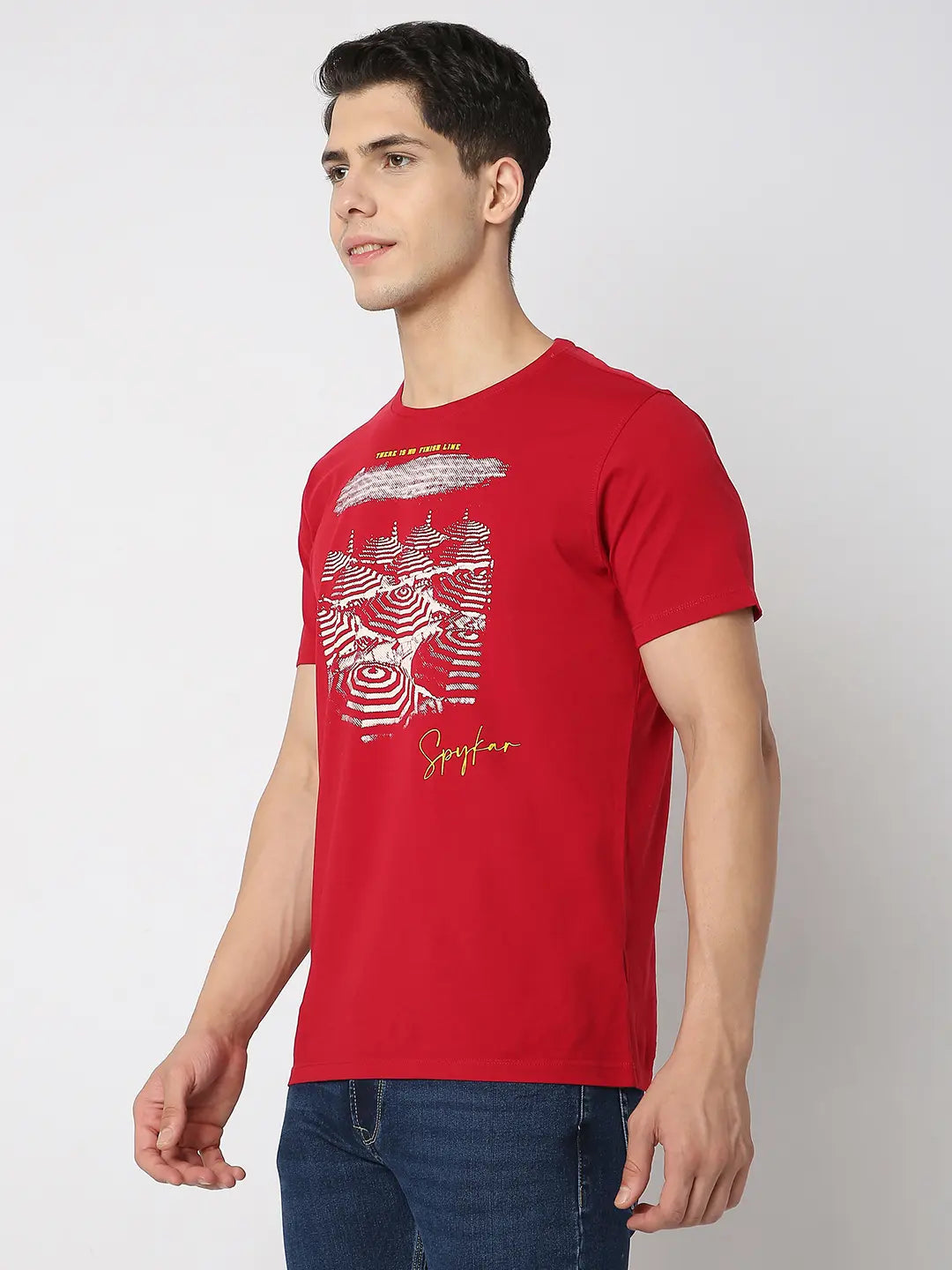 Spykar Men Deep Red Cotton Regular Fit Printed Round Neck Tshirt