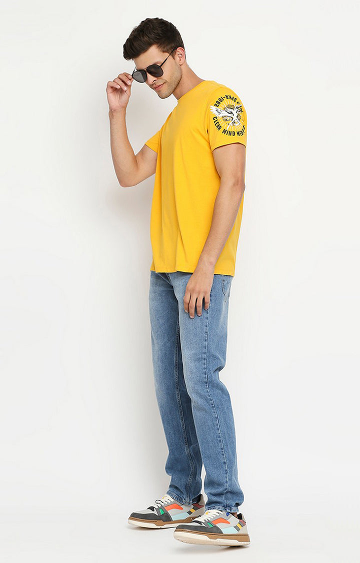 Spykar Men Yellow Cotton Slim Fit Round Neck T-Shirt