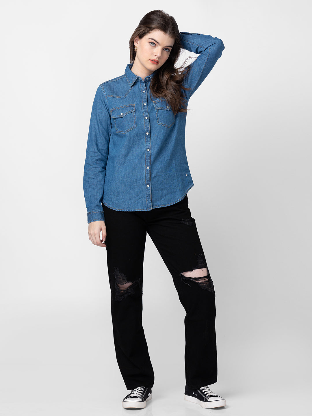 Spykar Women Mid Blue Cotton Slim Fit Denim Shirts