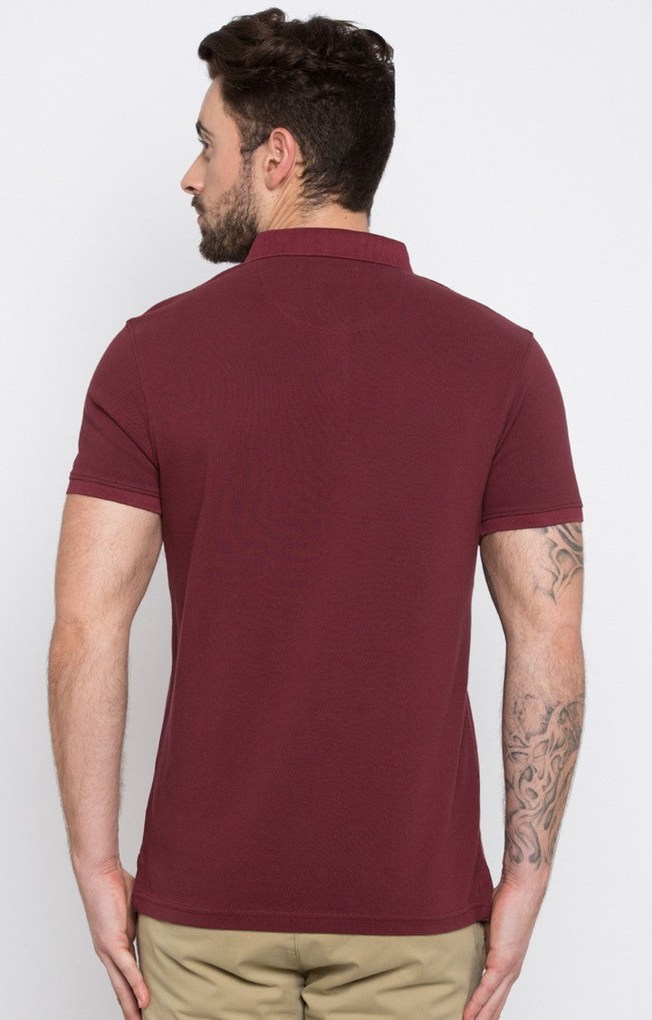 Spykar Wine Solid Slim Fit Polo T-Shirt