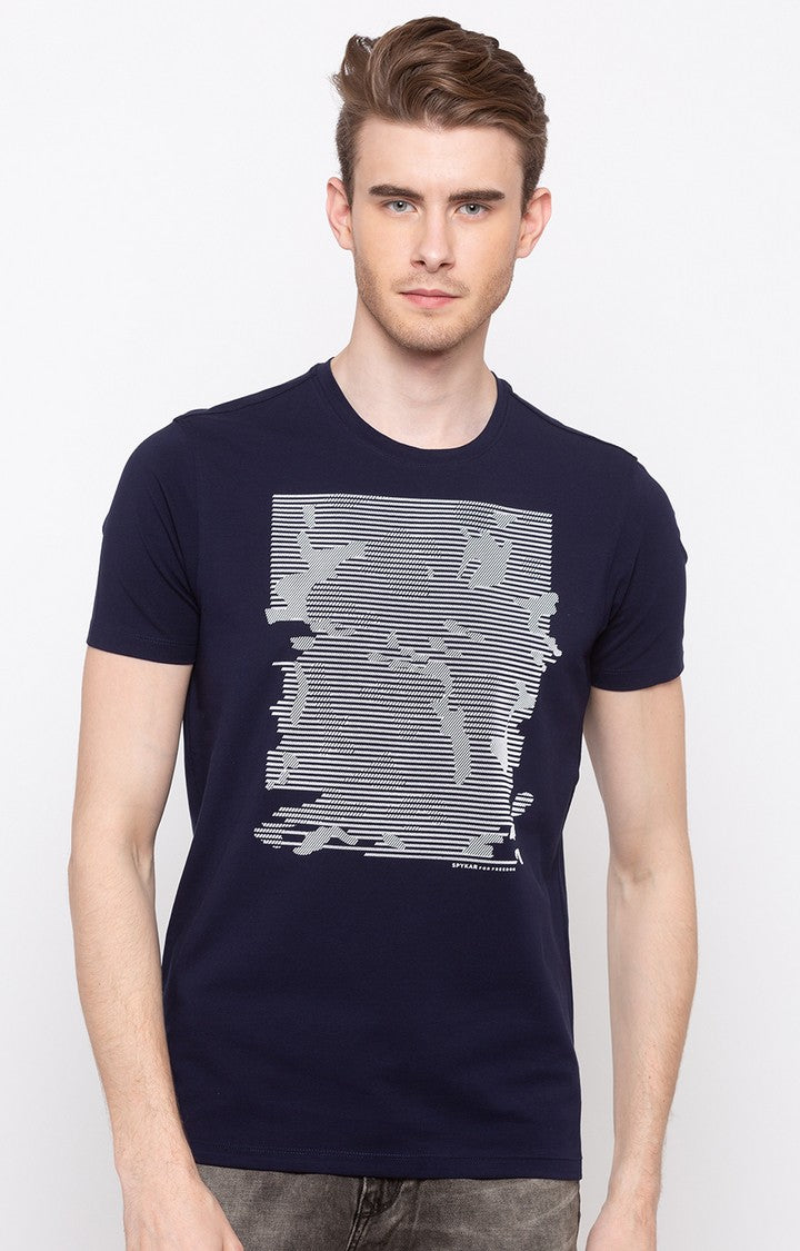 Spykar Navy Printed Slim Fit Men T-Shirts