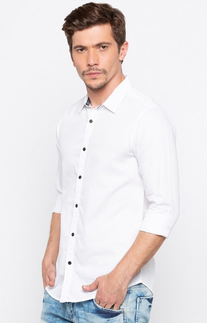 Spykar Men'S White Cotton Solid Casual Shirts