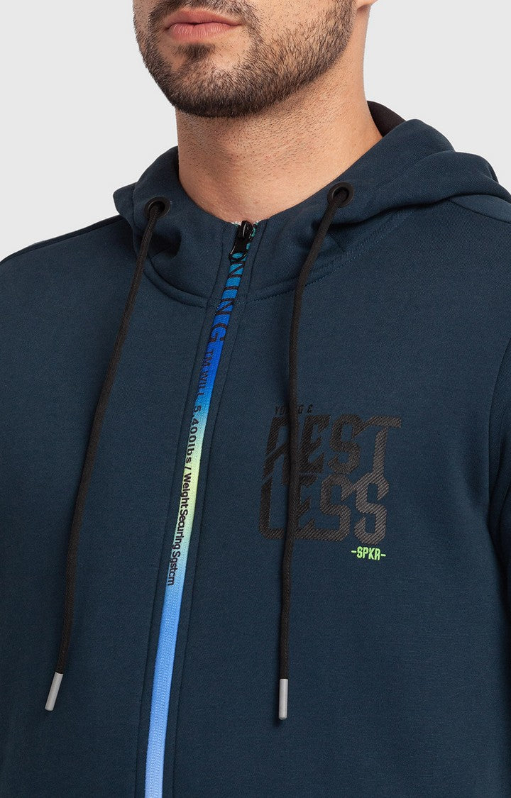 Spykar Teal Blue Cotton Full Sleeve Hooded Sweatshirt For Men