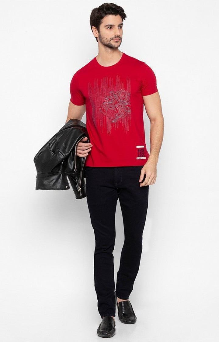 Spykar Red Cotton Slim Fit T-Shirt For Men