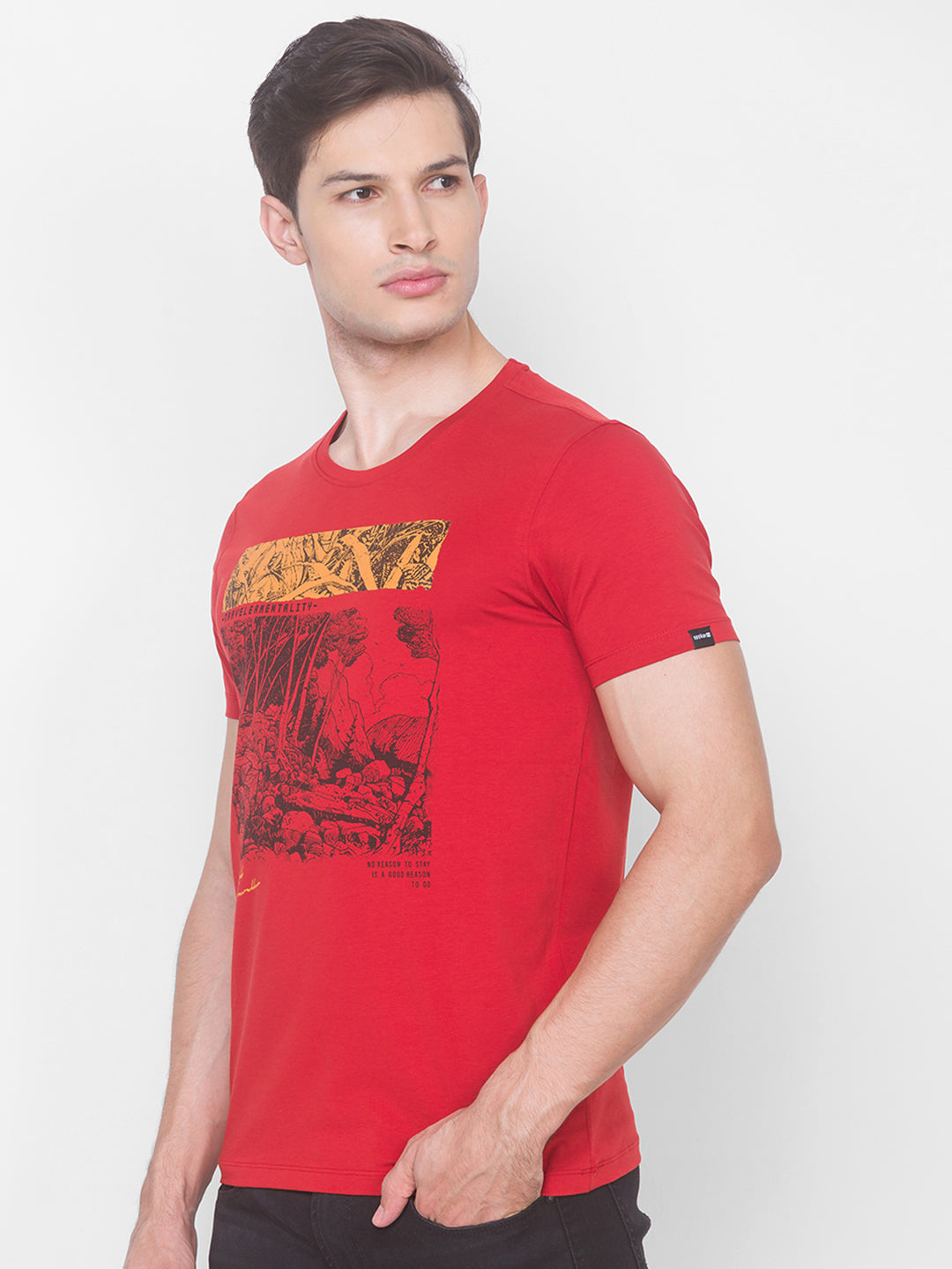 Spykar Men Orange Cotton Slim Fit Round Neck T-Shirt