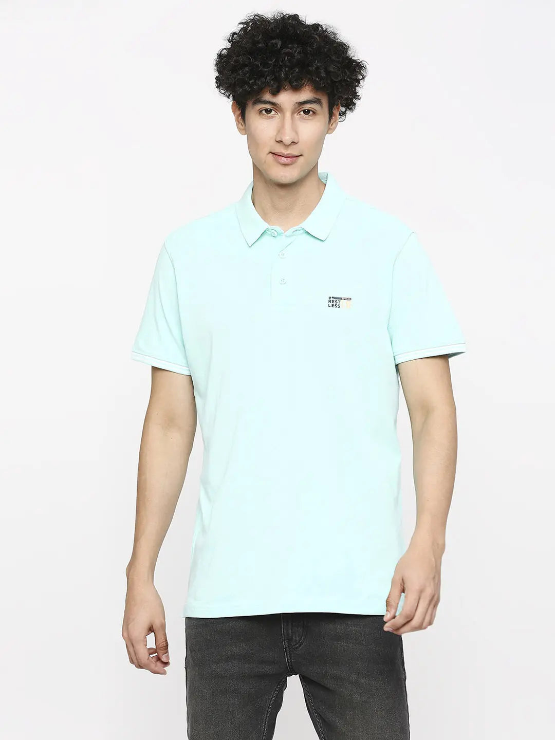 Spykar Men Bleached Aqua Cotton Slim Fit Polo Neck Plain T-Shirt